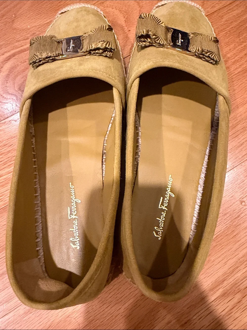 Salvatore Ferragamo Elodie Moutarde Suede Espadrille Loafers with Ribbon Trim